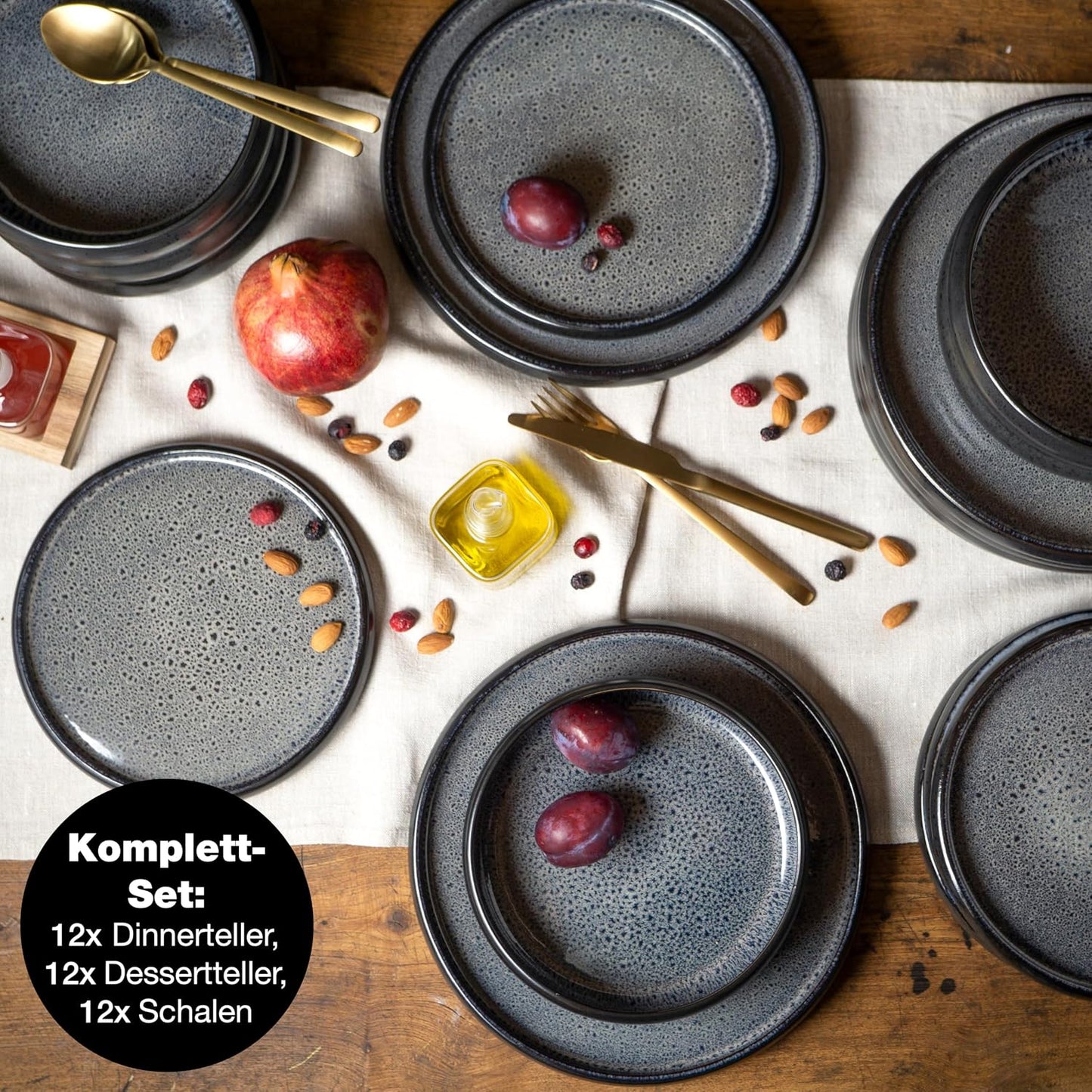VIDA 18-Piece Crockery Set for 6 People, Ceramic Tableware Black Anthracite Dishwasher, Microwave and Scratch-Resistant Plates Set with 6 Dinner Plates, 6 Soup Plates and 6 Breakfast Plates