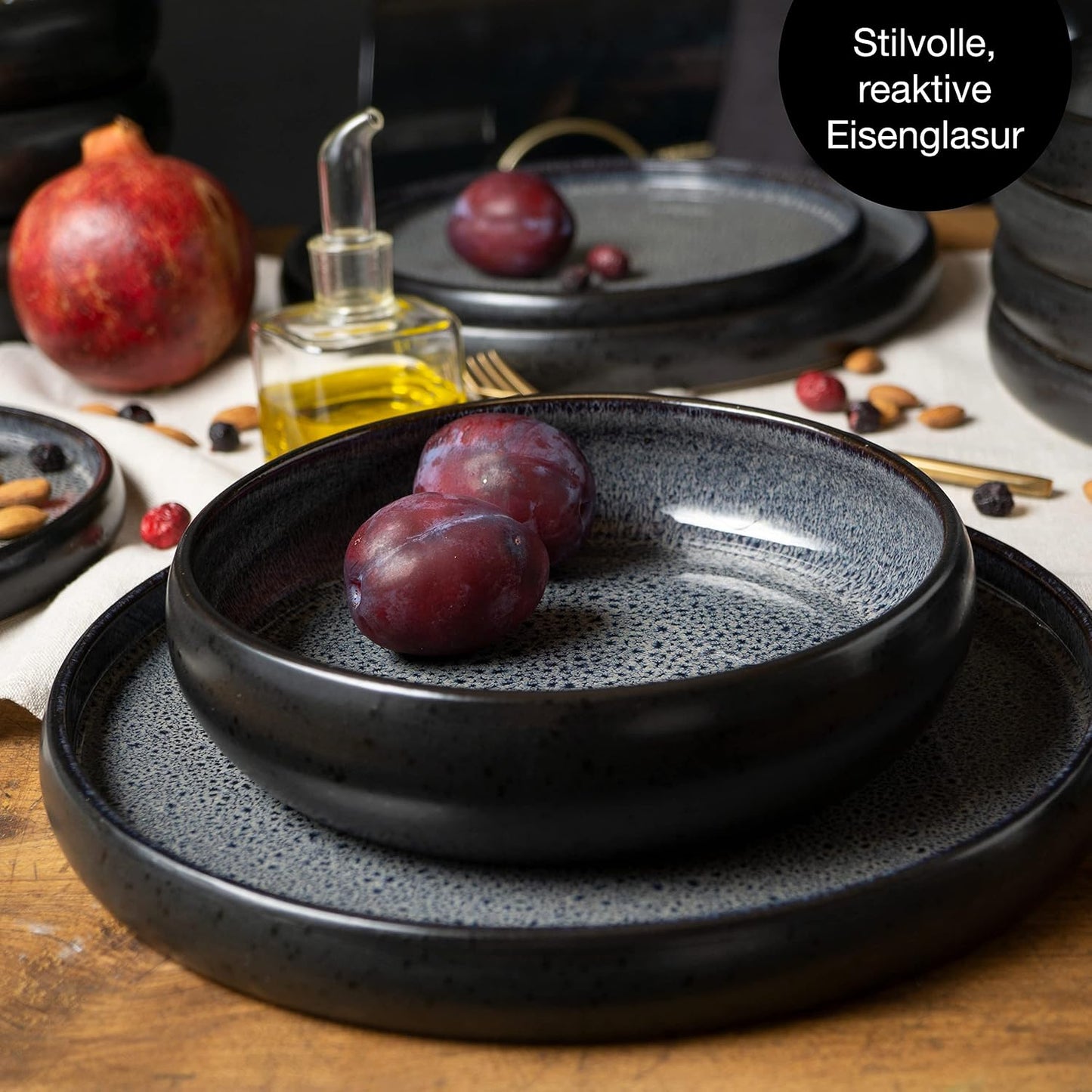 VIDA 18-Piece Crockery Set for 6 People, Ceramic Tableware Black Anthracite Dishwasher, Microwave and Scratch-Resistant Plates Set with 6 Dinner Plates, 6 Soup Plates and 6 Breakfast Plates