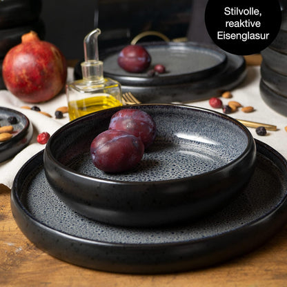 VIDA 18-Piece Crockery Set for 6 People, Ceramic Tableware Black Anthracite Dishwasher, Microwave and Scratch-Resistant Plates Set with 6 Dinner Plates, 6 Soup Plates and 6 Breakfast Plates