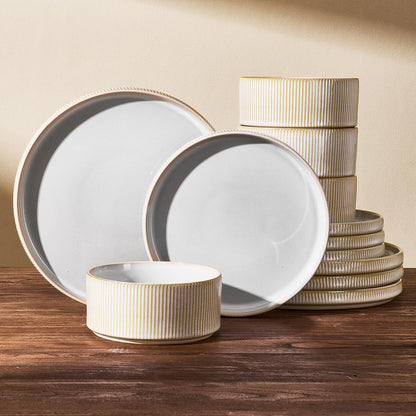12 Pieces Ribbed Dishes - Chip and Scratch Resistant Dinnerware Sets, Plates and Bowls Set for 4,, Microwave and Dishwasher Safe Tableware