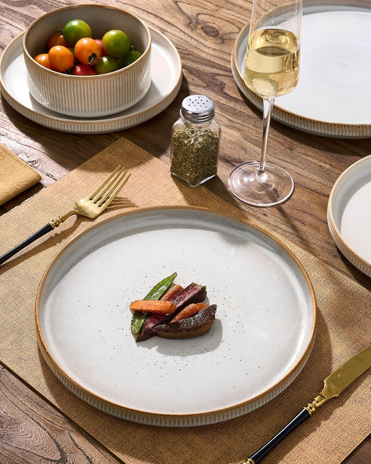 12 Pieces Ribbed Dishes - Chip and Scratch Resistant Dinnerware Sets, Plates and Bowls Set for 4,, Microwave and Dishwasher Safe Tableware