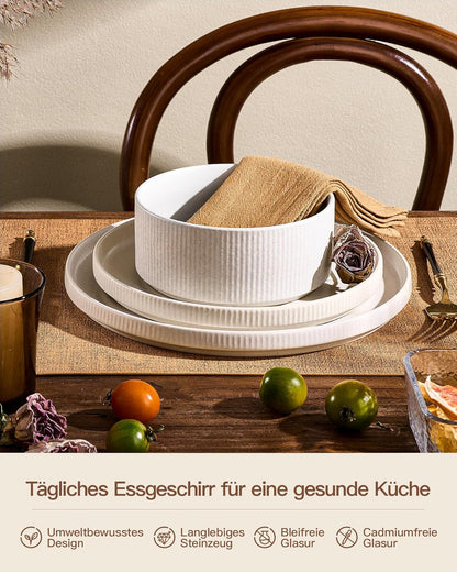 12 Pieces Ribbed Dishes - Chip and Scratch Resistant Dinnerware Sets, Plates and Bowls Set for 4,, Microwave and Dishwasher Safe Tableware