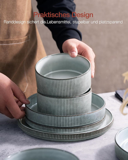 12 Pieces Ribbed Dishes - Chip and Scratch Resistant Dinnerware Sets, Plates and Bowls Set for 4,, Microwave and Dishwasher Safe Tableware